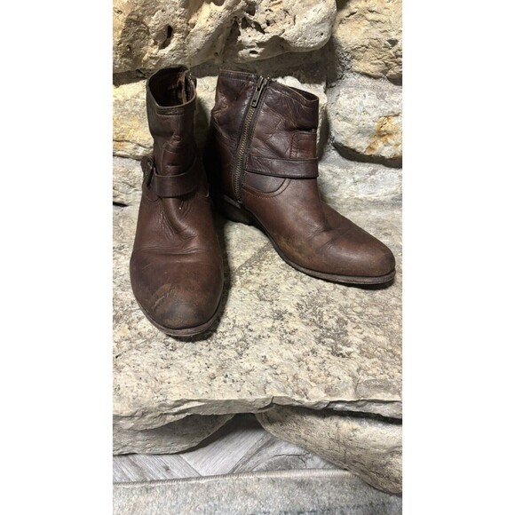 Frye Shoes - FRYE Brown Distressed Leather Almond Toe Cone Heel Zipper Buckle Ankle Boots 9